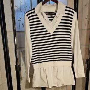 QED London Black and White Striped Blouse